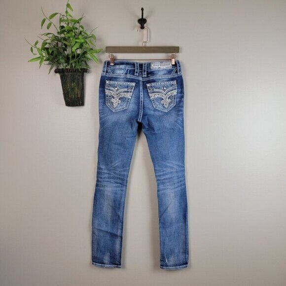 Rock Revival Vitual Pink Mid Rise Straight Patch Distressed Medium Wash Jeans 27 - Picture 14 of 16